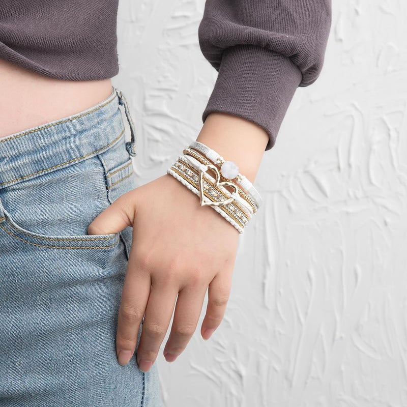 Rantanto Braid Leather Wrap Bracelet Trendy Stackable Crystal Cuff Boho Gold Heart Bracelet Jewelry Gift For Women - Image 3